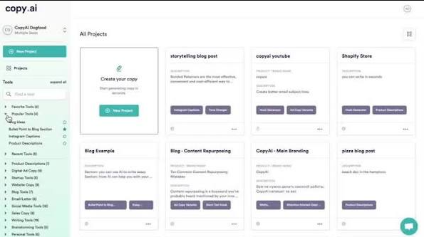 Copy.ai free plan dashboard with 90 plus templates for marketing copy - best AI copywriting tools