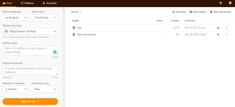 Rytr AI copywriting tool interface showing tone selector and use cases - best AI copywriting tools
